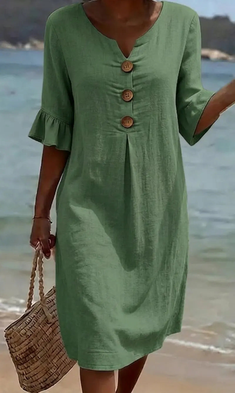 Damen Baumwoll Leinen Kleid Rüschenärmel Knöpfe Midi - Image 8