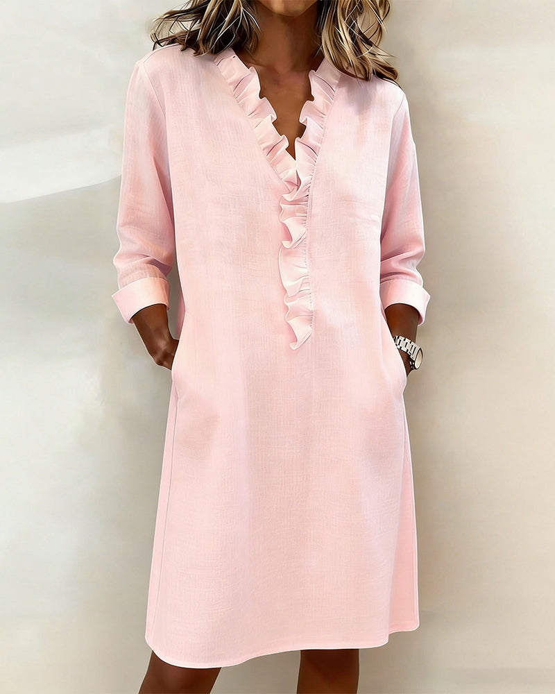 Damen Baumwoll-Leinen Kleid V-Ausschnitt Volants