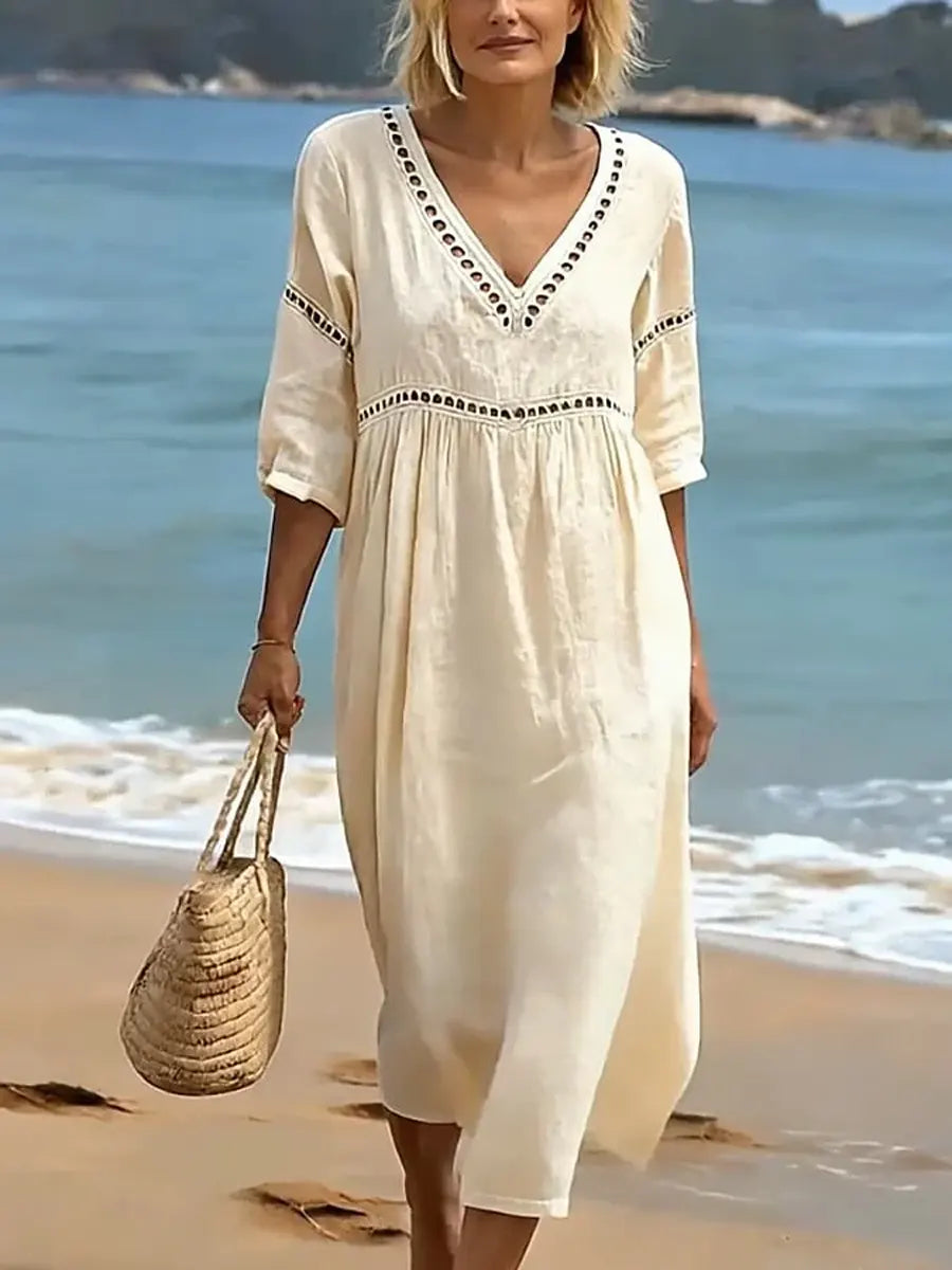 Damen Baumwollkleid V-Ausschnitt Fließend Midi - Image 3