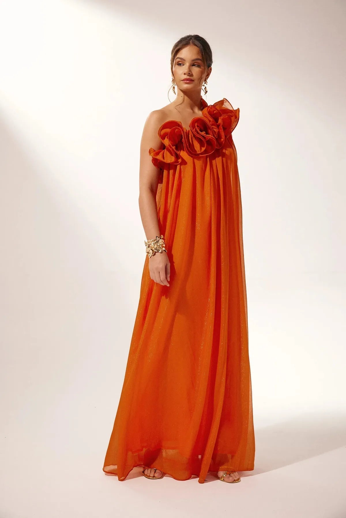 Damen Maxikleid One Shoulder 3D Blumen Abendkleid