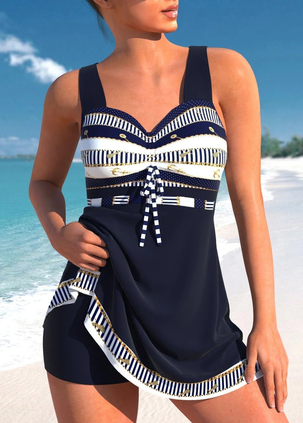 Damen Badeanzug mit Shorts breite Träger Badeskleid