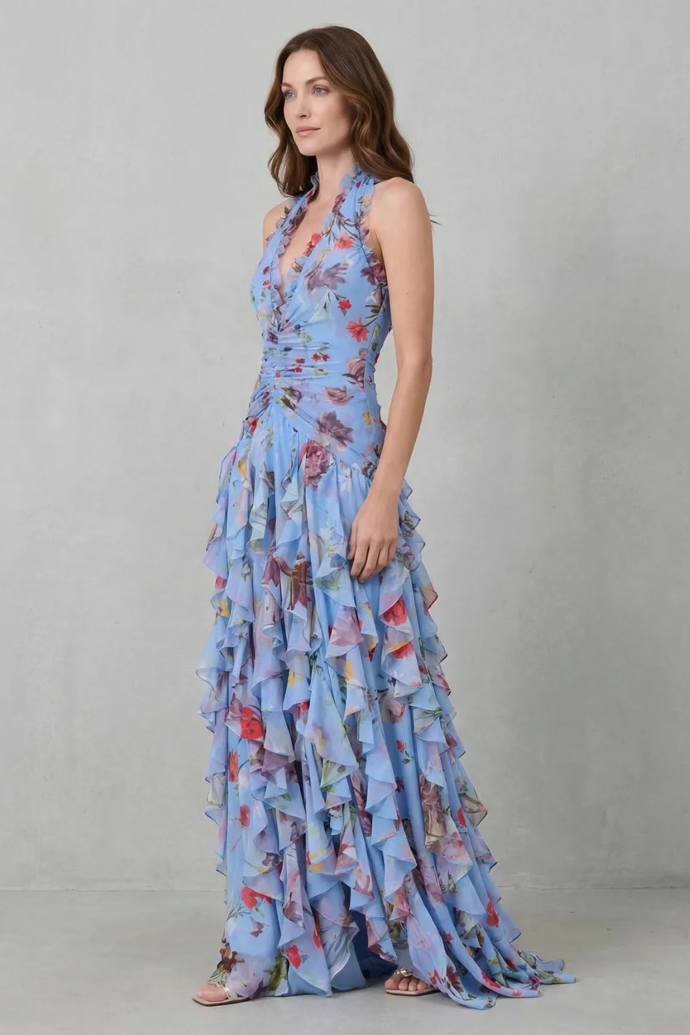 Damen Chiffon Maxikleid Neckholder Blumenmuster - Image 7