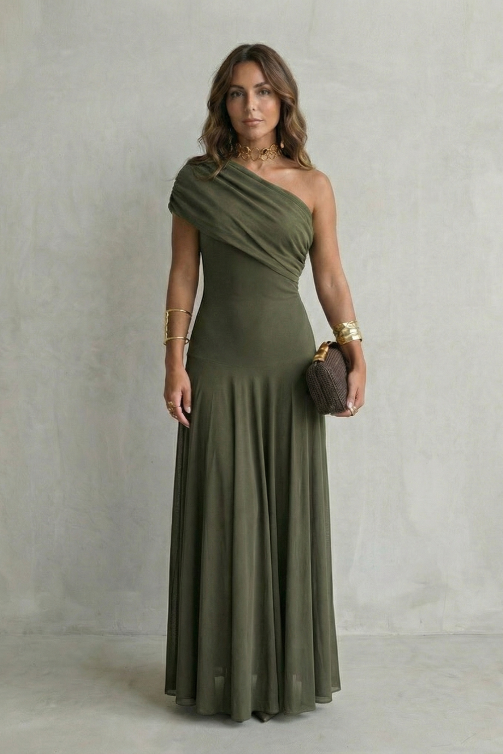 Damen Ein-Schulter Maxikleid Drapierter Ausschnitt - Image 10