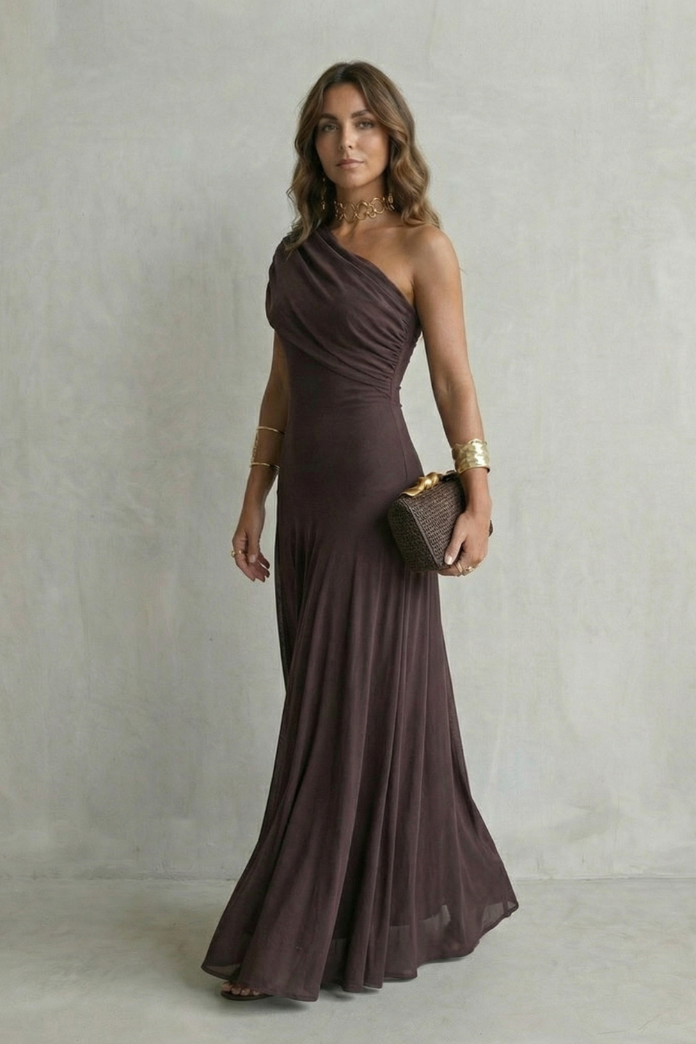 Damen Ein-Schulter Maxikleid Drapierter Ausschnitt - Image 3