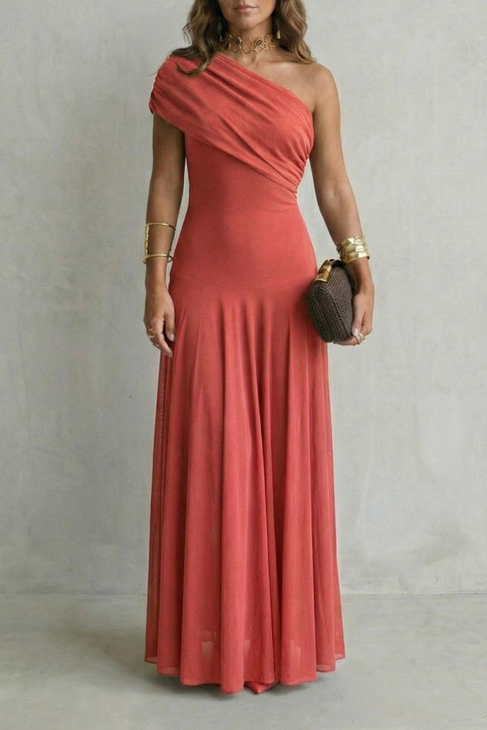 Damen Ein-Schulter Maxikleid Drapierter Ausschnitt - Image 5