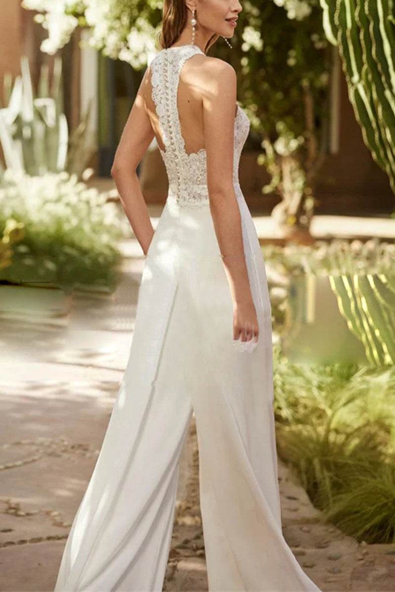 Women Halter Bridal Jumpsuit Floor Length Wedding Wide Leg - Image 2