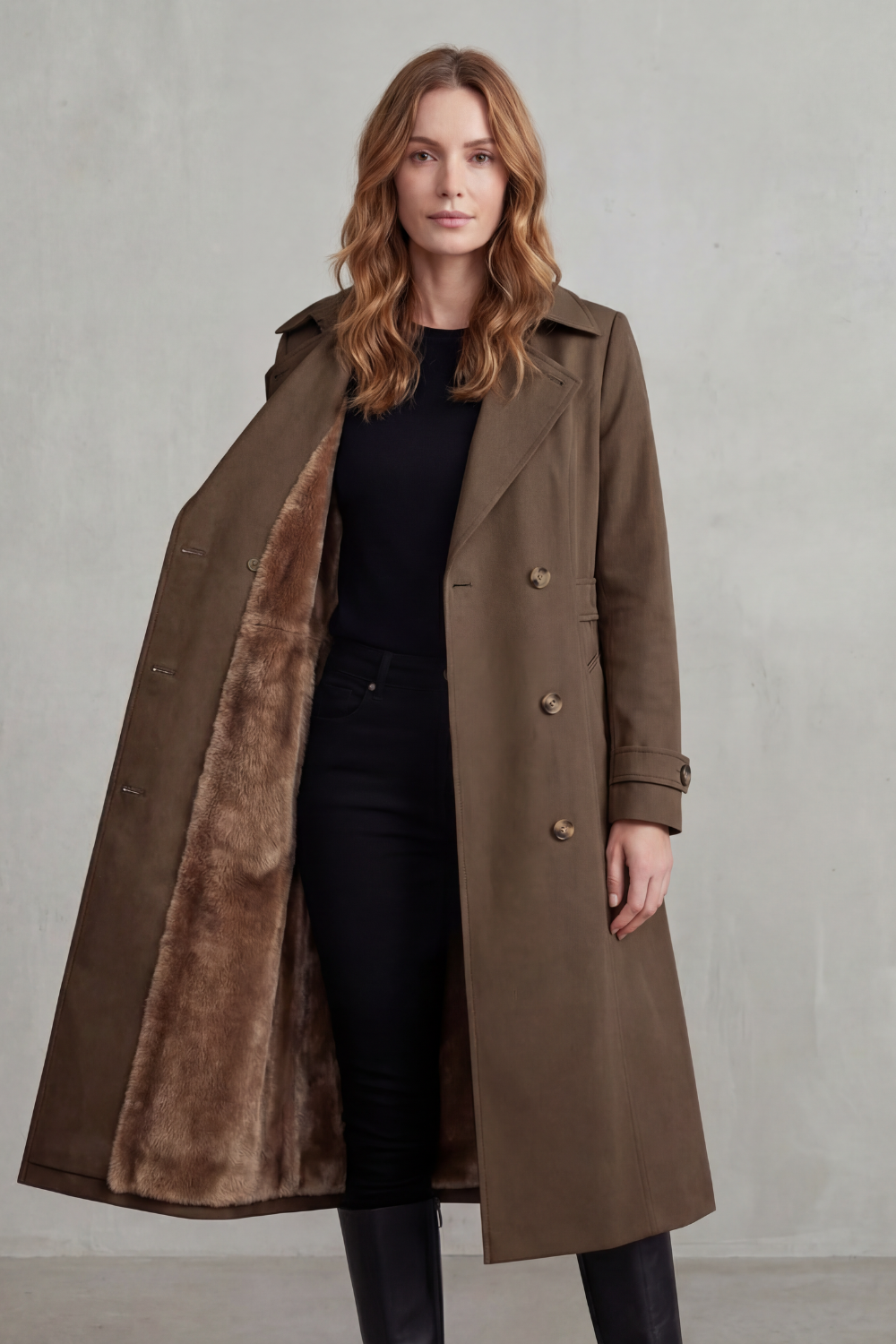 Damen gefütterter Trenchcoat doppelreihiger Kunstfell Wintermantel - Image 12
