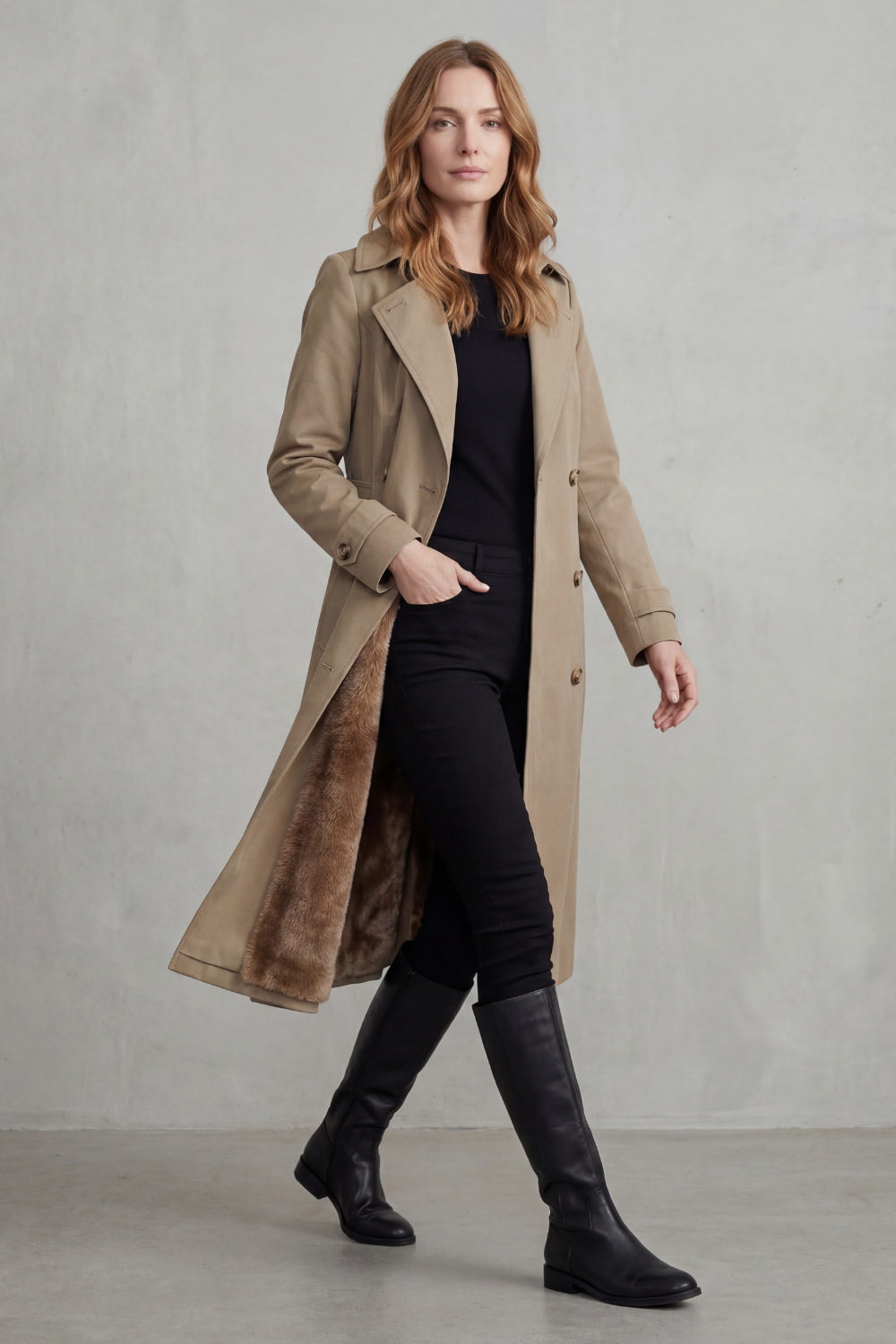 Damen gefütterter Trenchcoat doppelreihiger Kunstfell Wintermantel - Image 3