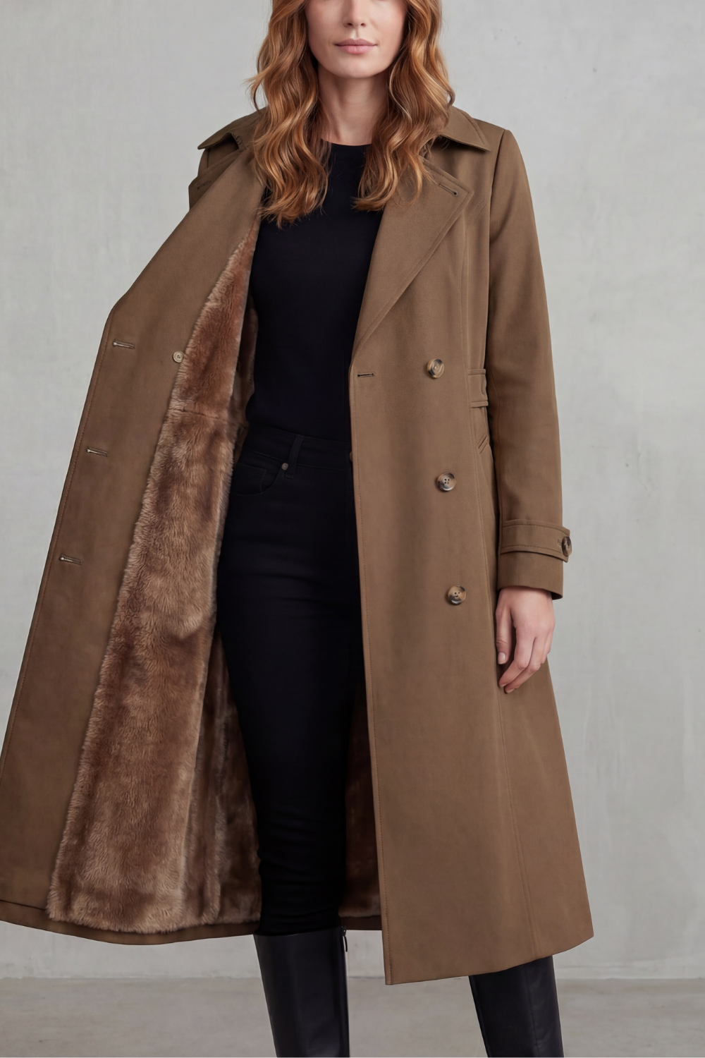 Damen gefütterter Trenchcoat doppelreihiger Kunstfell Wintermantel - Image 5