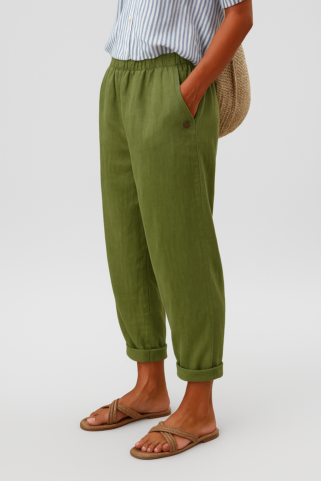 Damen Weite Leinenhose Verkürzt Gummibund - Image 2