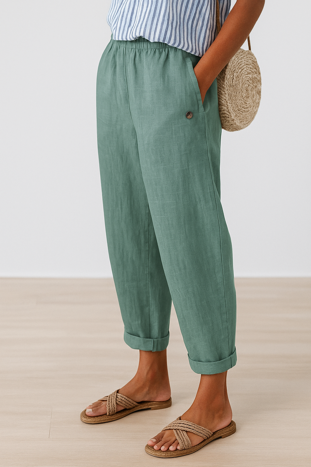 Damen Weite Leinenhose Verkürzt Gummibund - Image 4