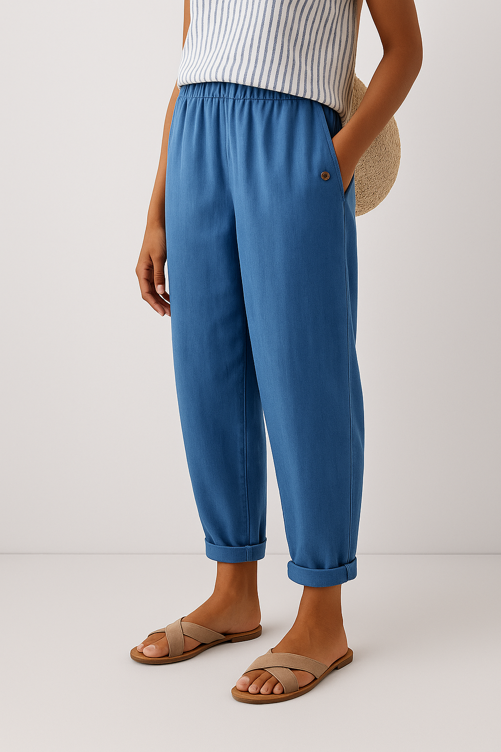 Damen Weite Leinenhose Verkürzt Gummibund - Image 3