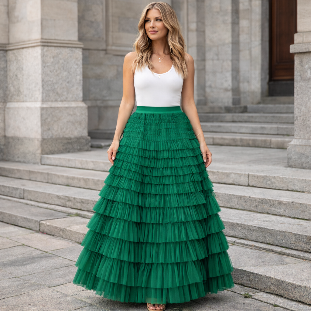 Damen Tüll Maxirock Volants Lagenlook - Image 6