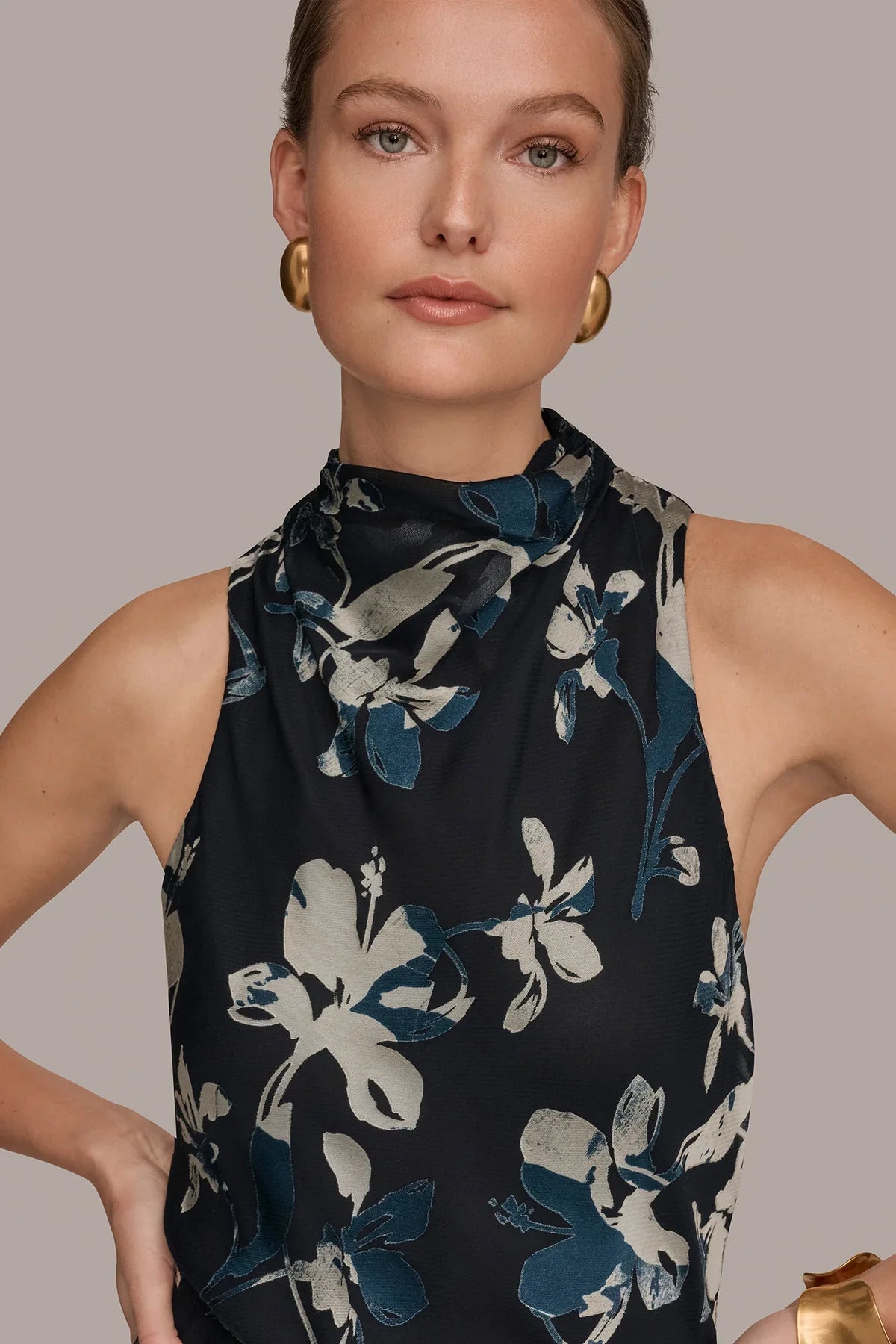 Women Floral Burnout Mock Neck Asymmetric Hem Midi Dress - Image 13