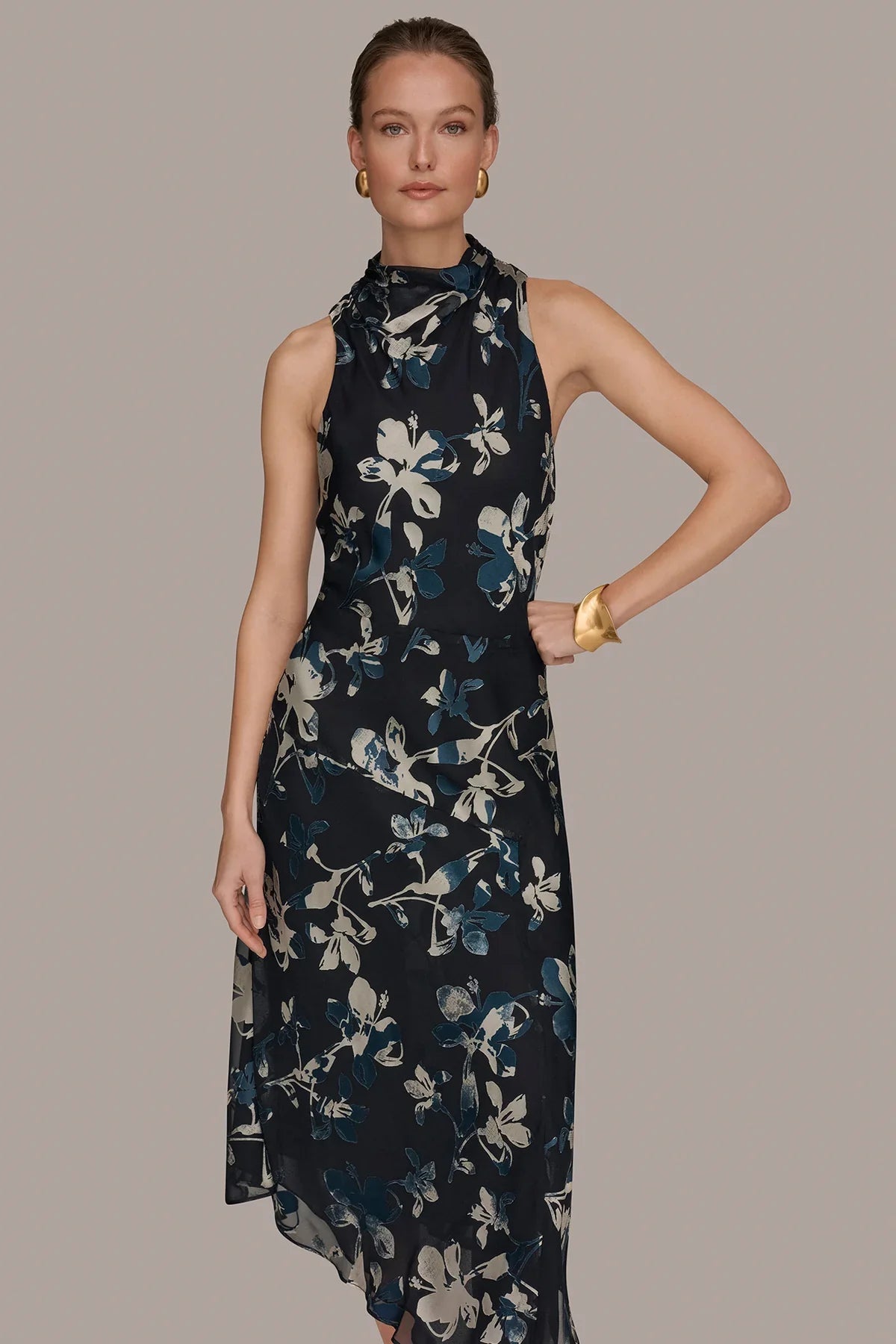 Women Floral Burnout Mock Neck Asymmetric Hem Midi Dress - Image 9