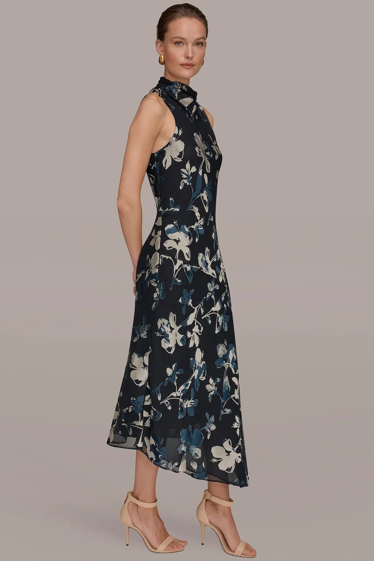 Women Floral Burnout Mock Neck Asymmetric Hem Midi Dress - Image 11