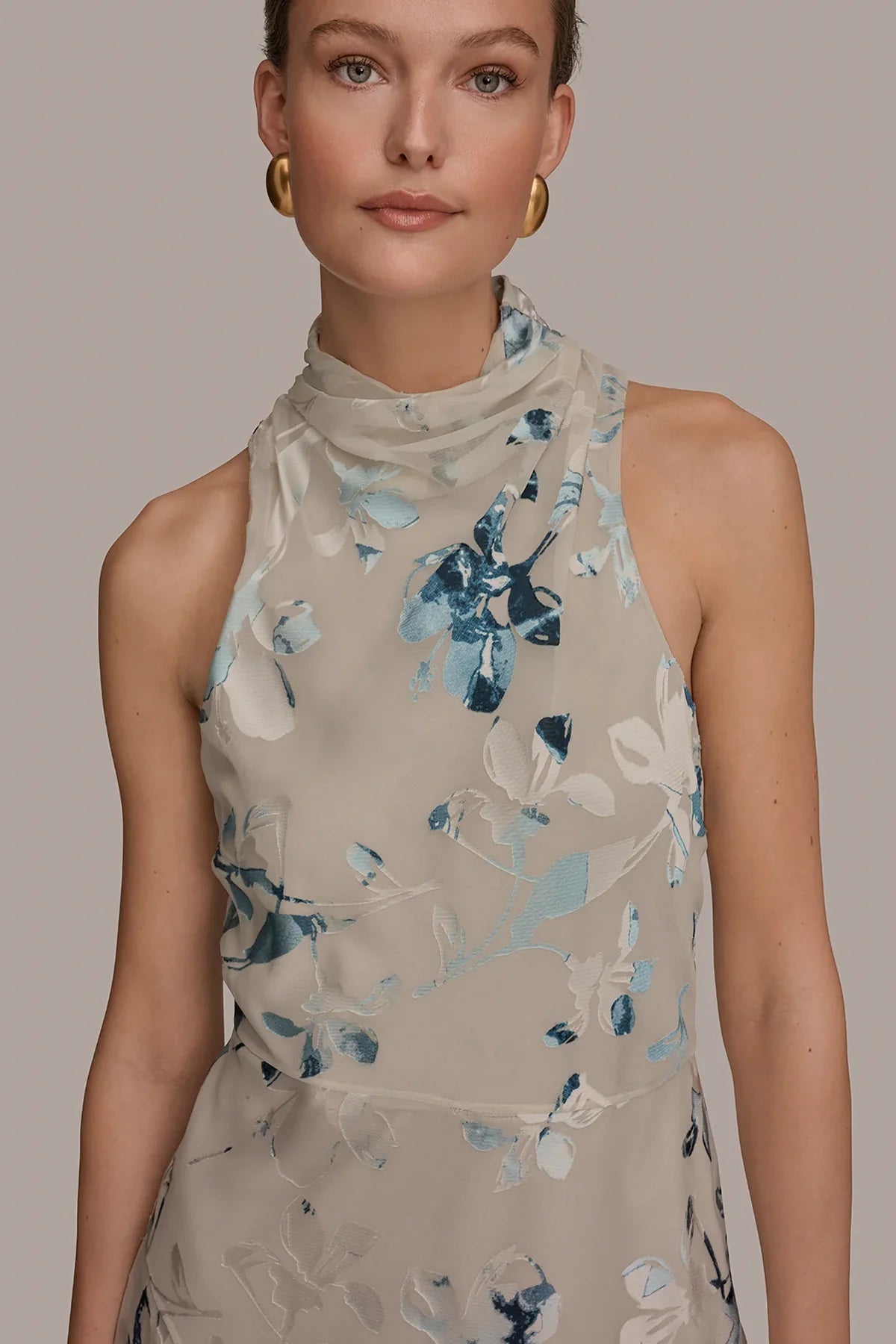Women Floral Burnout Mock Neck Asymmetric Hem Midi Dress - Image 6
