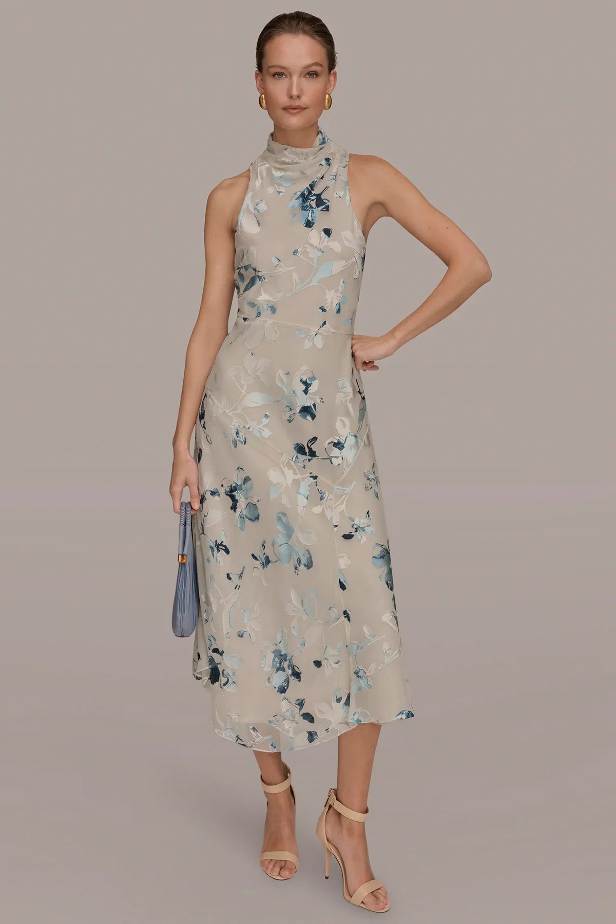 Women Floral Burnout Mock Neck Asymmetric Hem Midi Dress