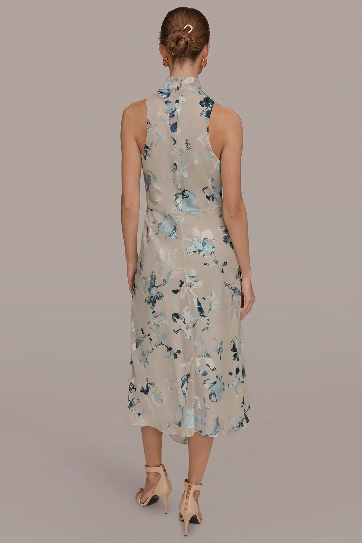 Women Floral Burnout Mock Neck Asymmetric Hem Midi Dress - Image 2