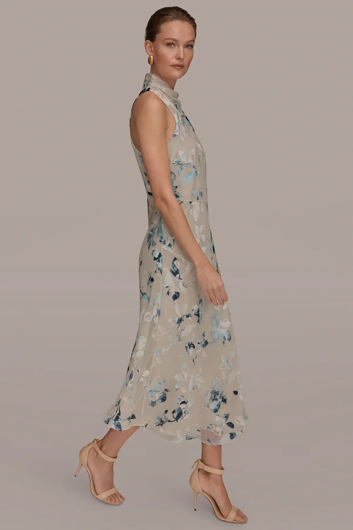 Women Floral Burnout Mock Neck Asymmetric Hem Midi Dress - Image 3