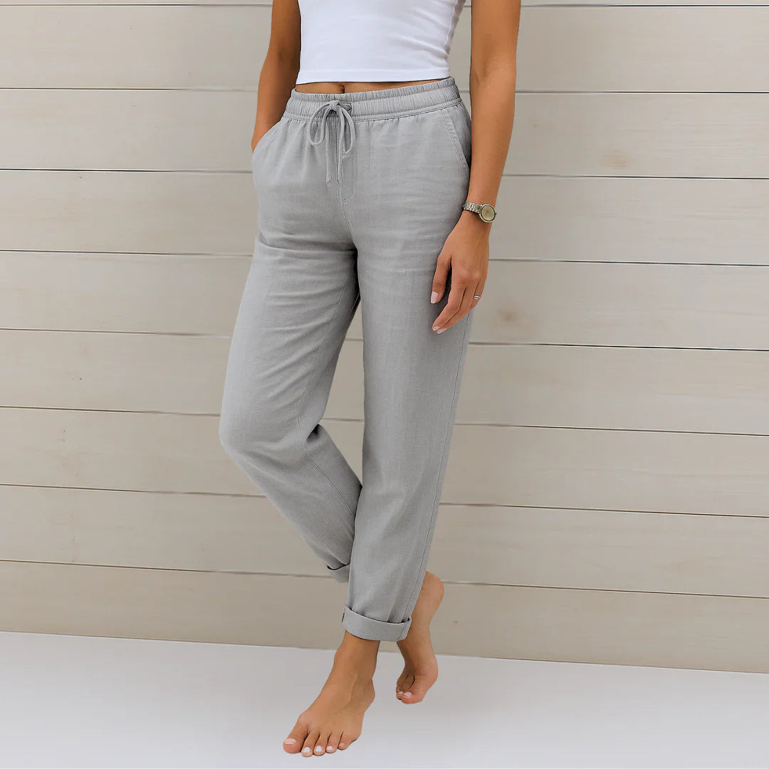 Damen Relaxed Fit Leinenhose Kordelzug elastischer Bund - Image 5
