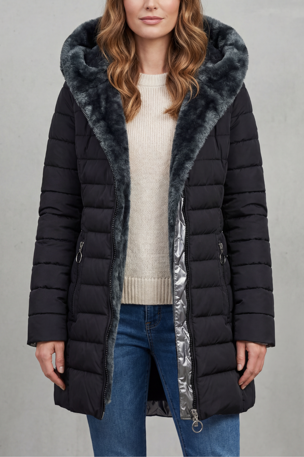 Damen Winterparka Kunstfellfutter mit Kapuze