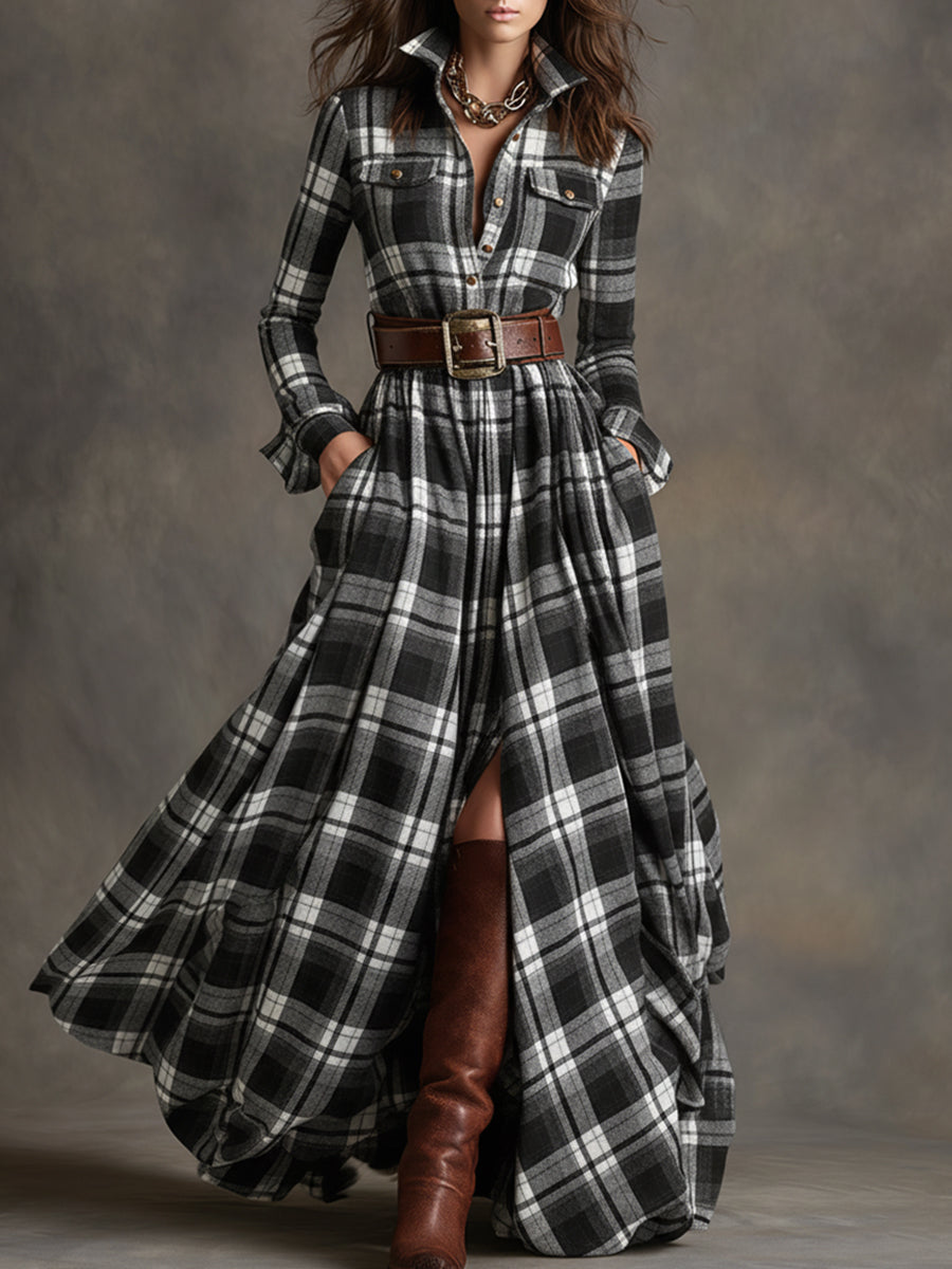 Damen Kariert Maxi Kleid Retro Ethno Stil - Image 5
