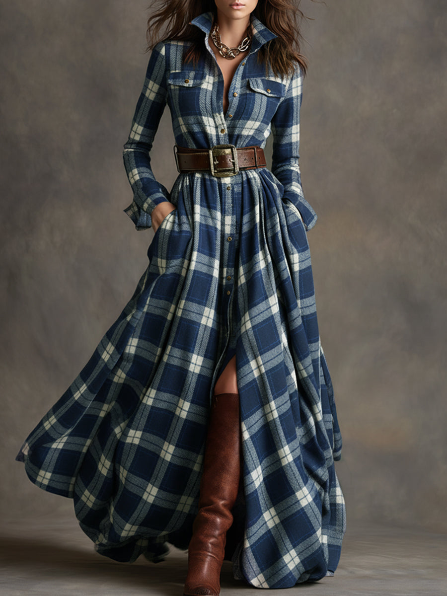Damen Kariert Maxi Kleid Retro Ethno Stil - Image 4