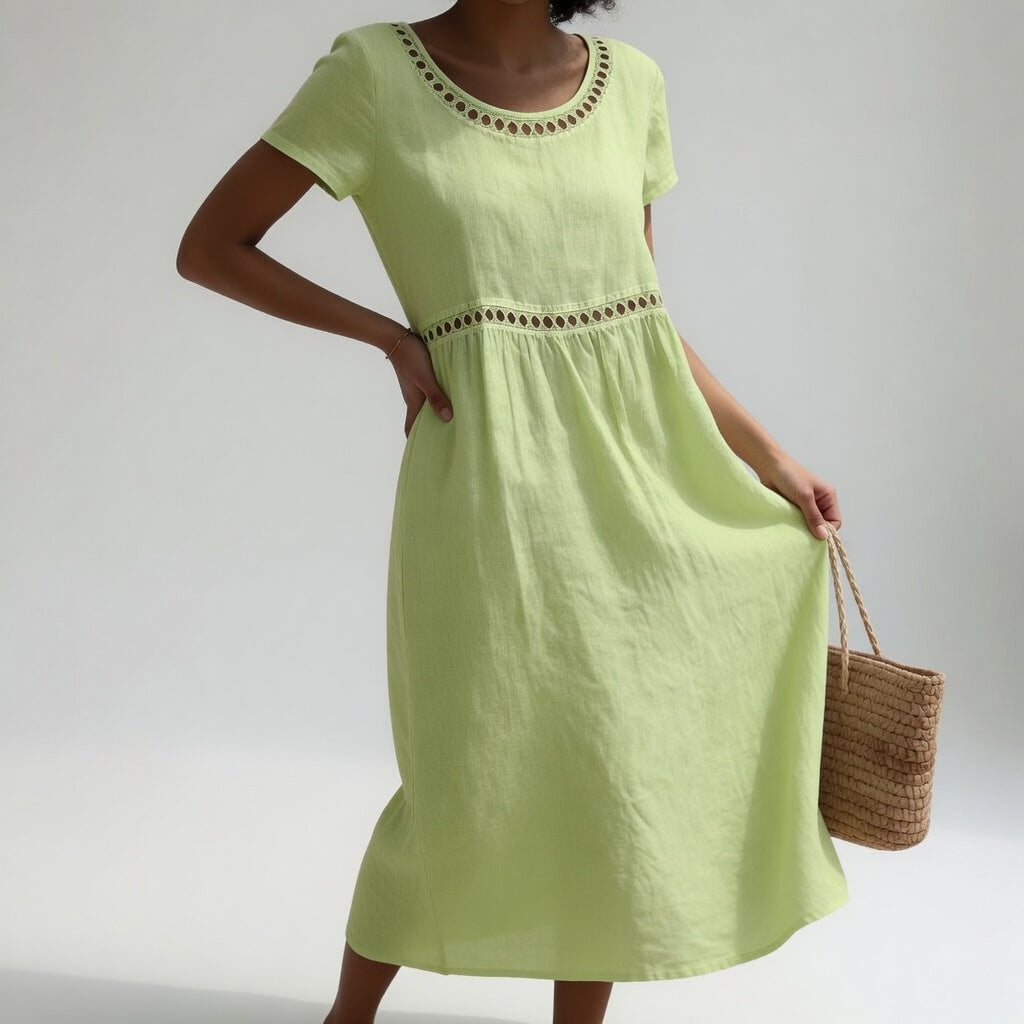 Damen Baumwoll Midikleid bestickt Kurzarm - Image 4