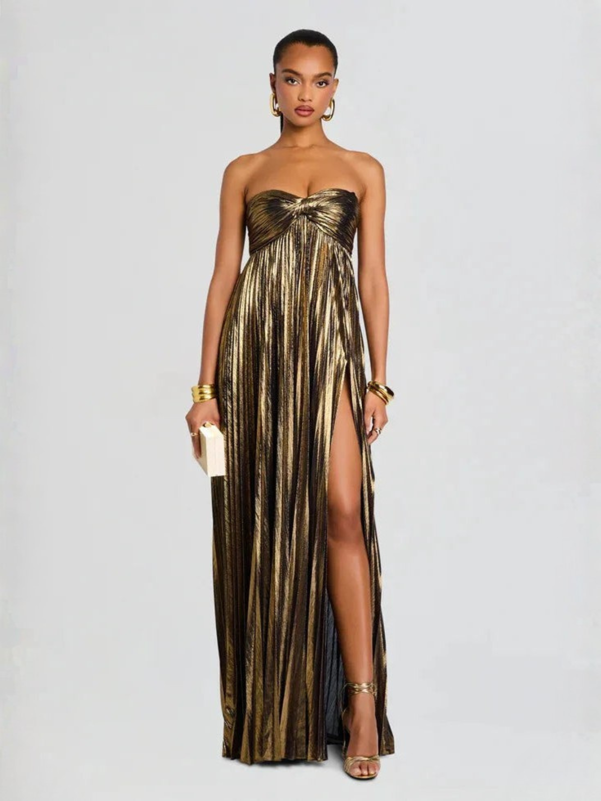 Damen Abendkleid lang Plissee Metallisch Bustier Schlitz - Image 6