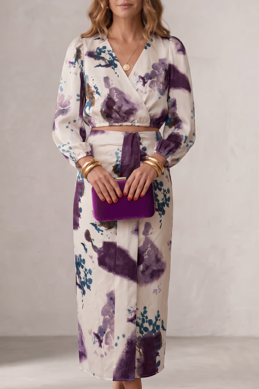 Damen Zweiteiler Set Aquarell Blumenmuster Bluse Maxirock