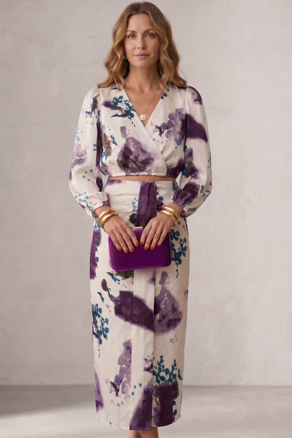 Damen Zweiteiler Set Aquarell Blumenmuster Bluse Maxirock - Image 2