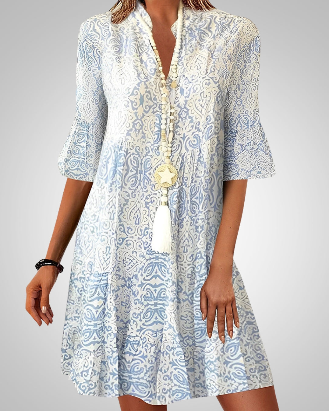Damen Boho Midi Kleid Gemustert V-Ausschnitt