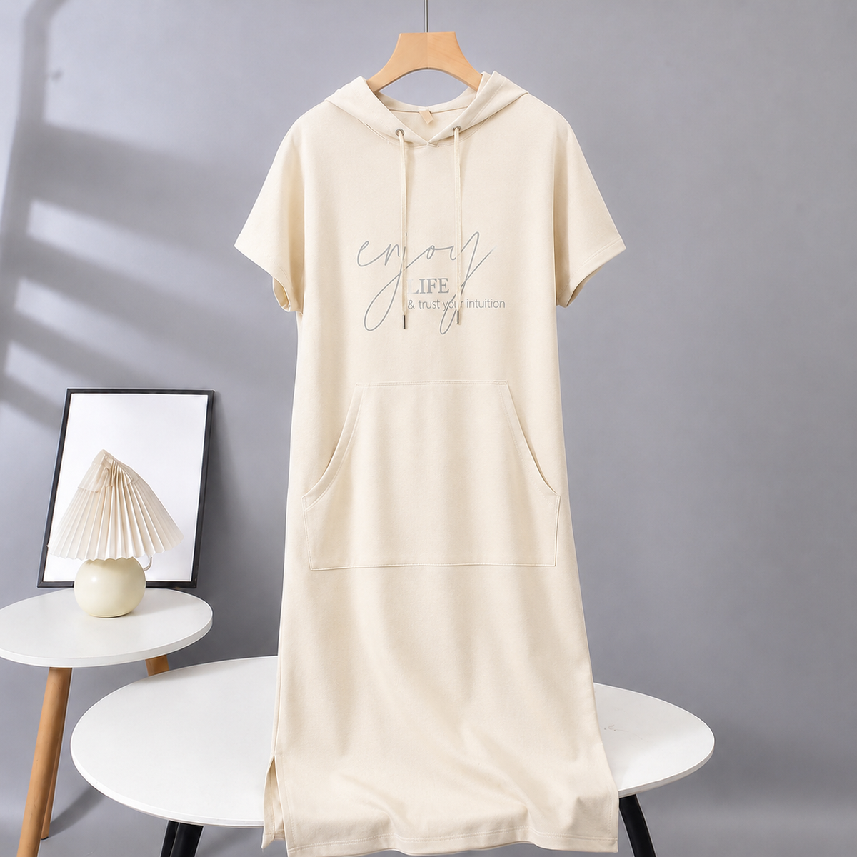 Damen Hoodie Kleid Kapuzenkleid mit Taschen Sweatkleid