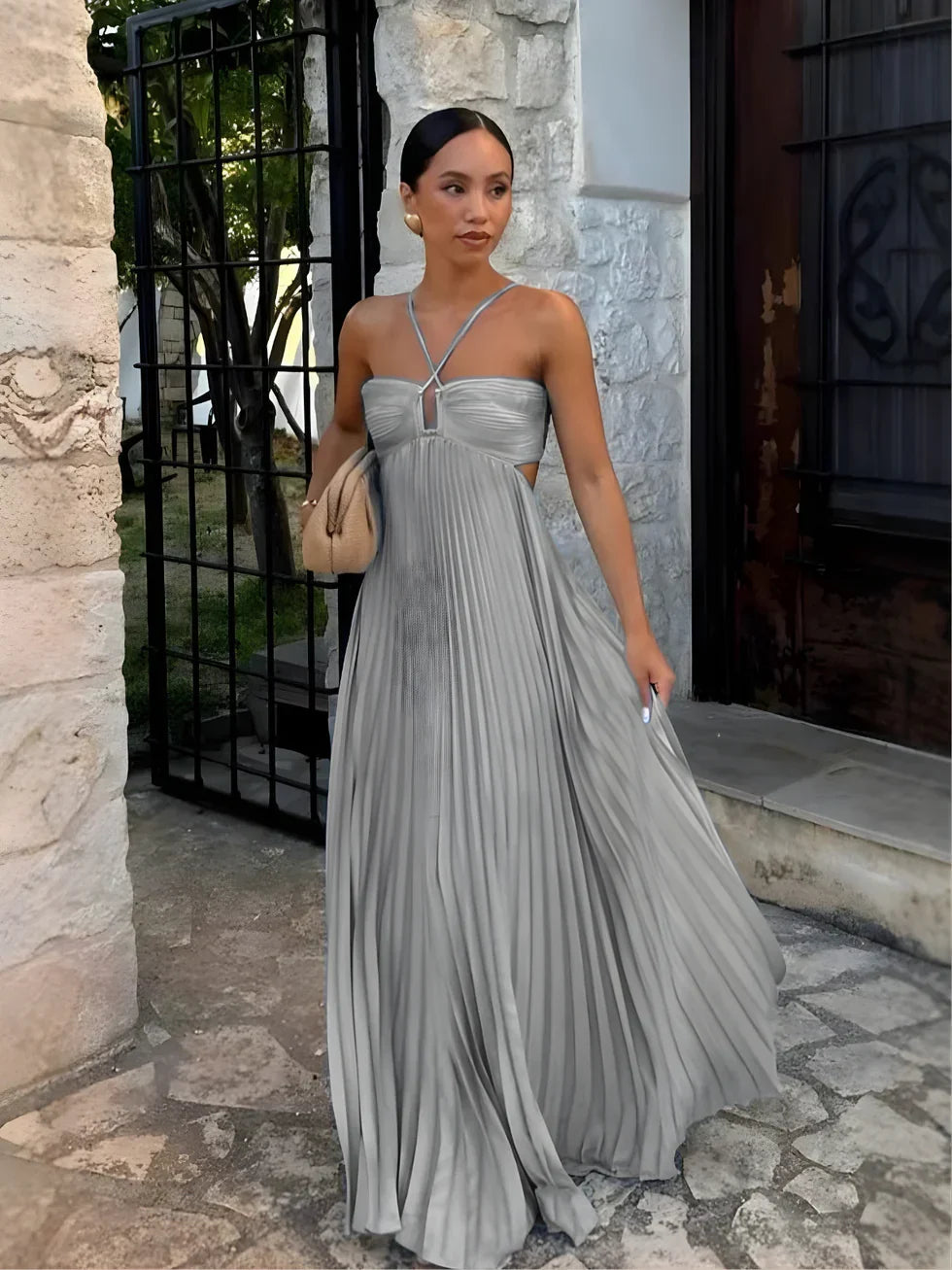 Damen Maxikleid Neckholder Plissiert Cut-outs Hohe Taille - Image 6