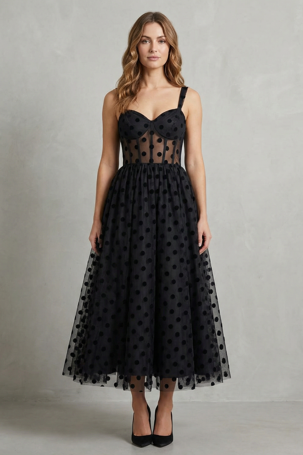 Damen Polka Dot Mesh Midi-Kleid Bustier - Image 2