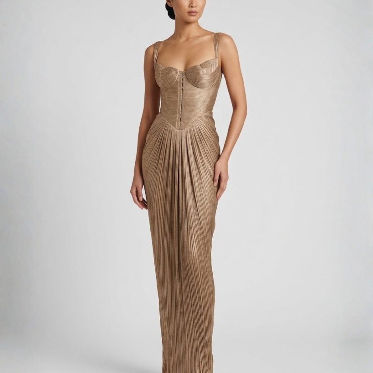 Damen Goldenes Maxikleid Korsett Plissee Drapiert