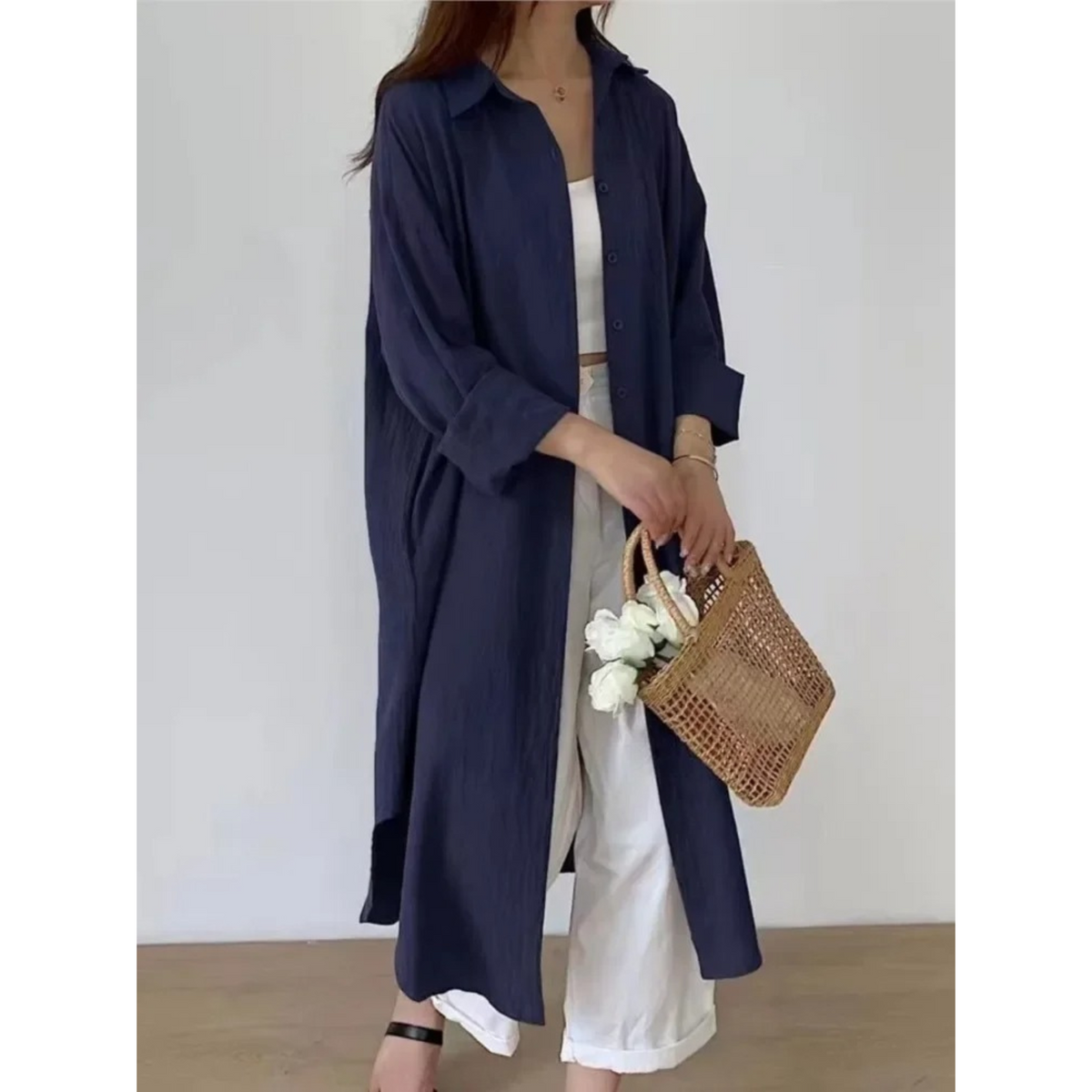 Damen Langarm Hemdkleid Maxi Knopfleiste - Image 4