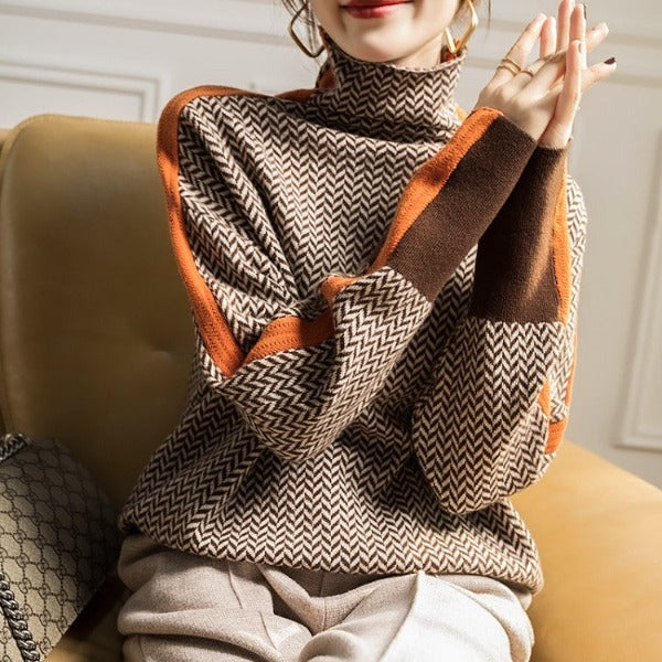 Damen Strickpullover Kontraststreifen Stehkragen - Image 3