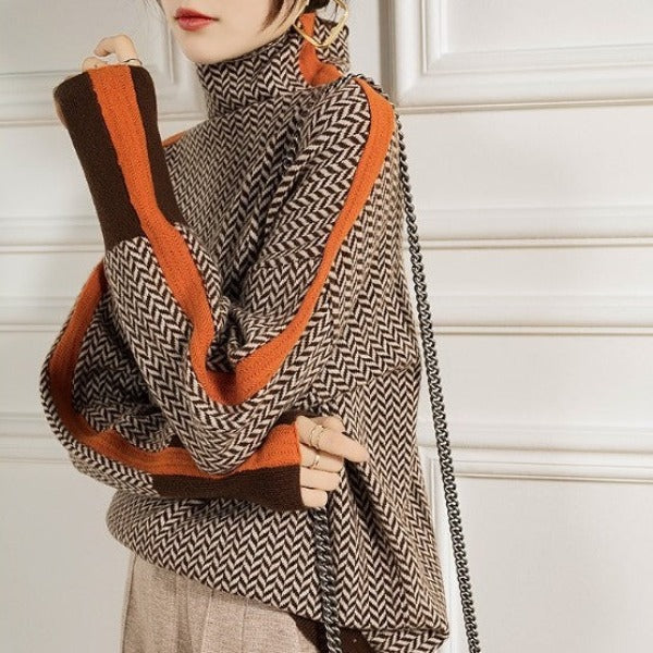 Damen Strickpullover Kontraststreifen Stehkragen - Image 2