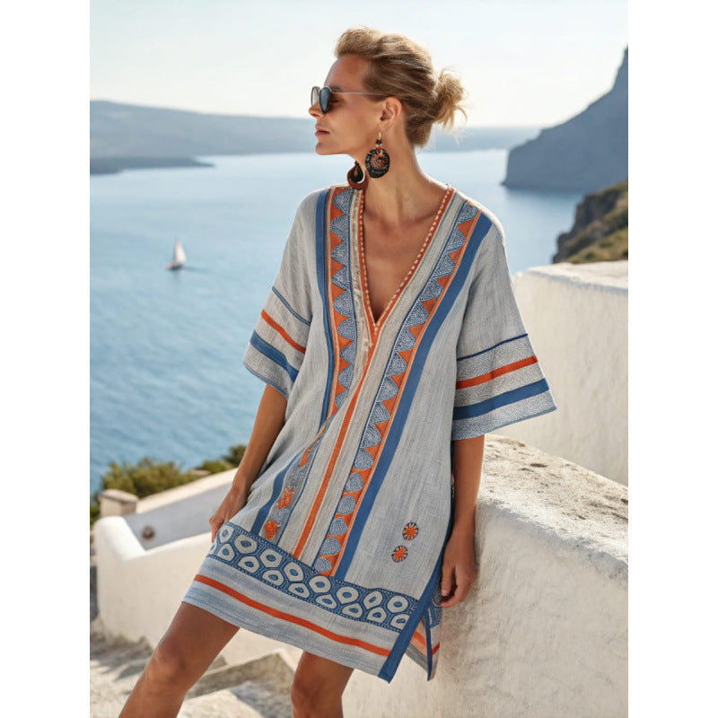 Damen Kaftan Kleid Baumwolle Leinen Besticktes Boho Sommerkleid - Image 11