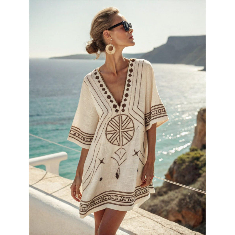 Damen Kaftan Kleid Baumwolle Leinen Besticktes Boho Sommerkleid - Image 9