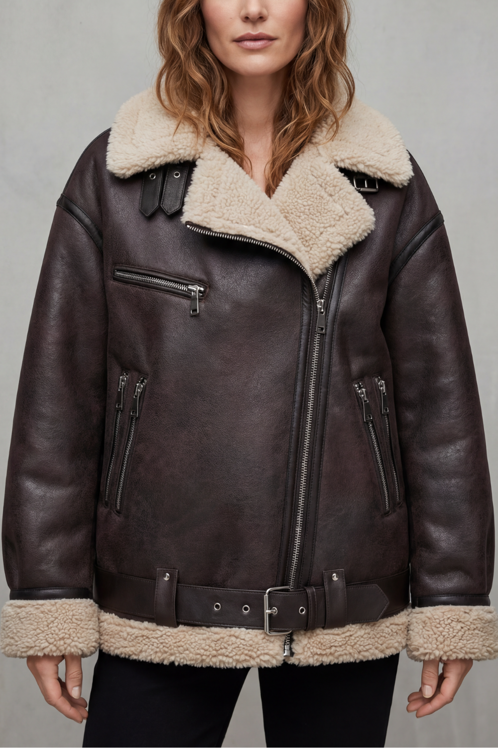 Damen Lammfellimitat Aviator Mantel mit Gürtel