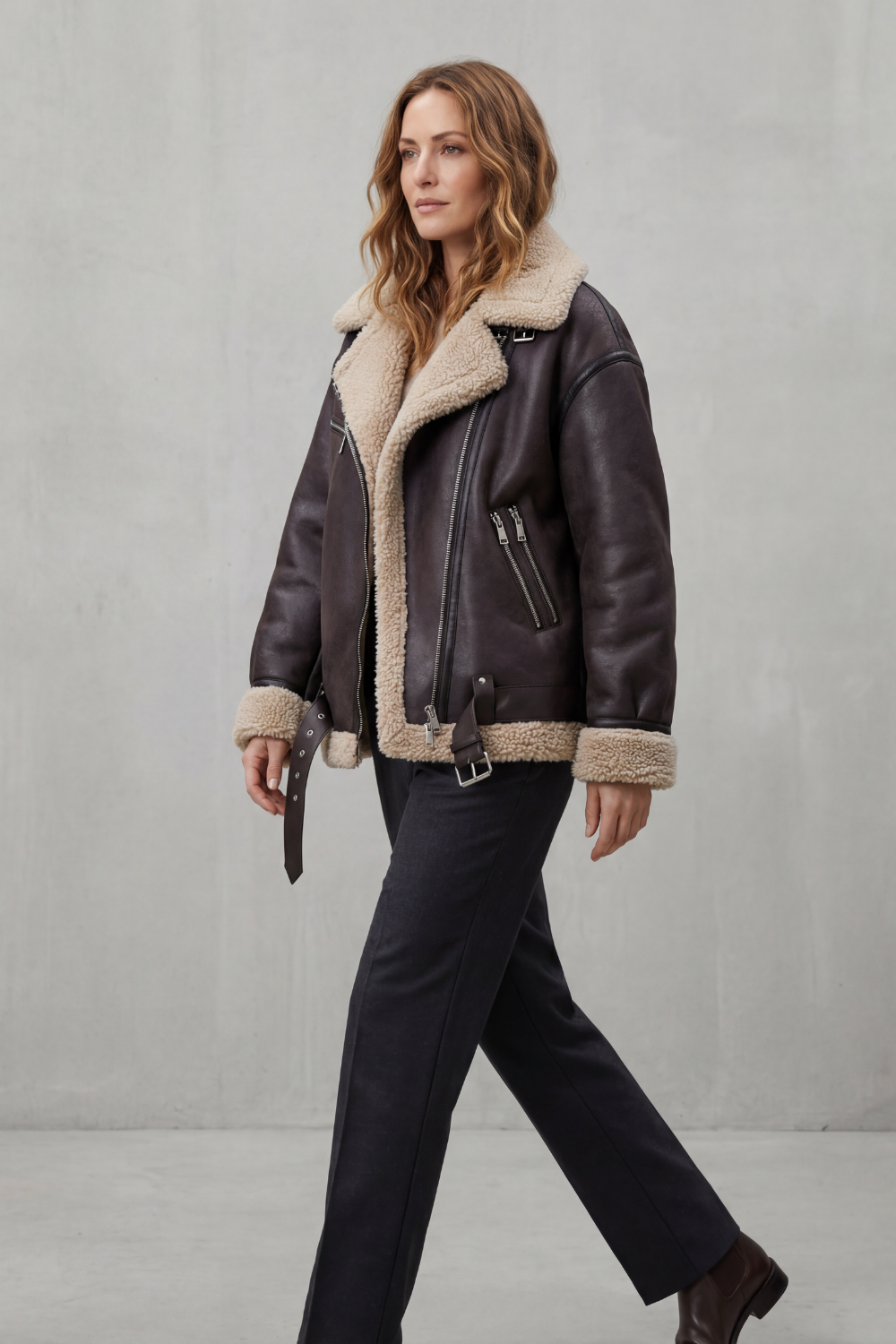 Damen Lammfellimitat Aviator Mantel mit Gürtel - Image 3