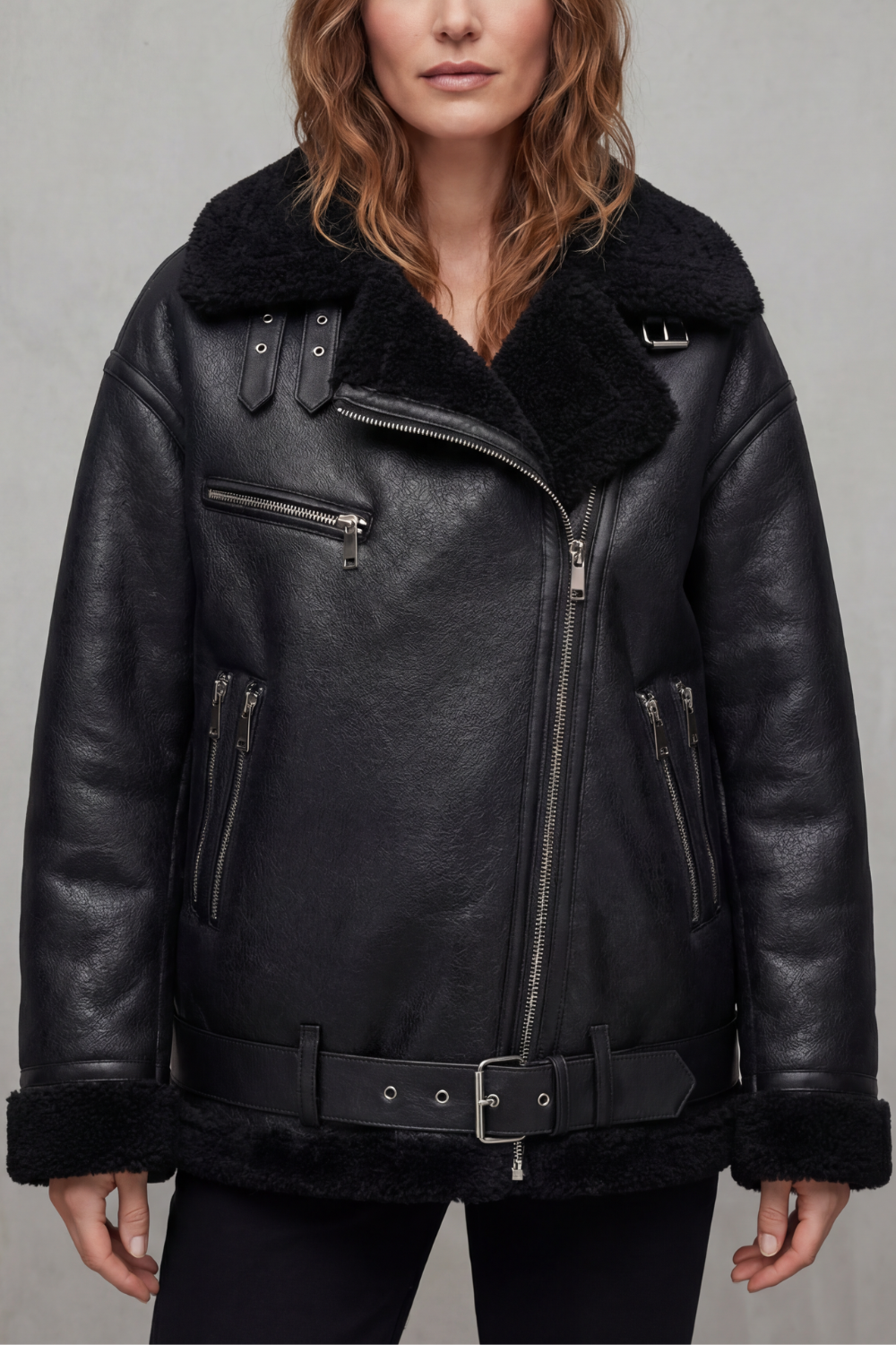 Damen Lammfellimitat Aviator Mantel mit Gürtel - Image 5