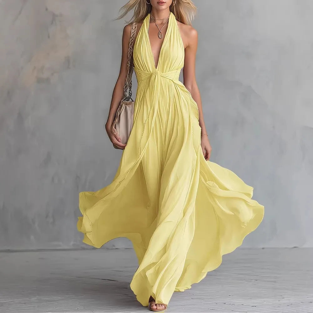 Damen Fließendes Neckholder Maxikleid V-Ausschnitt - Image 3