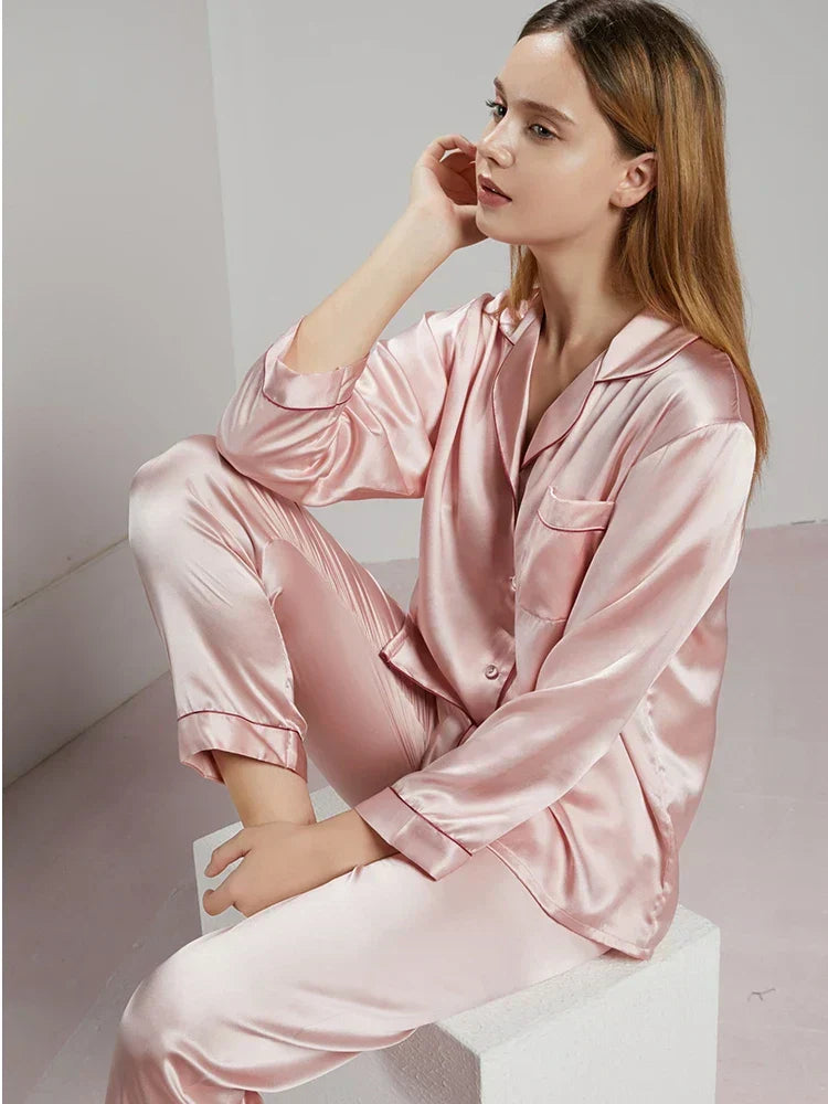 Damen Naturseide Pyjama Luxus Schlafanzug