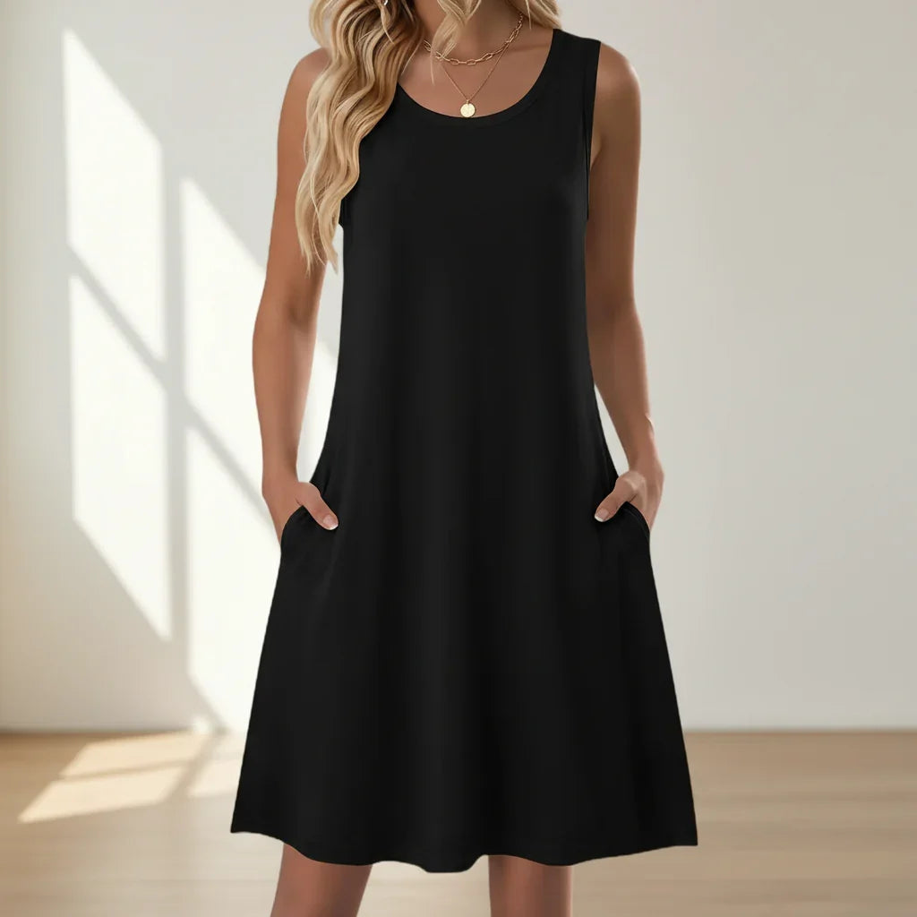 Damen Sommerkleid kurz Blumenmuster mit Taschen ärmelloses Freizeitkleid - Image 2
