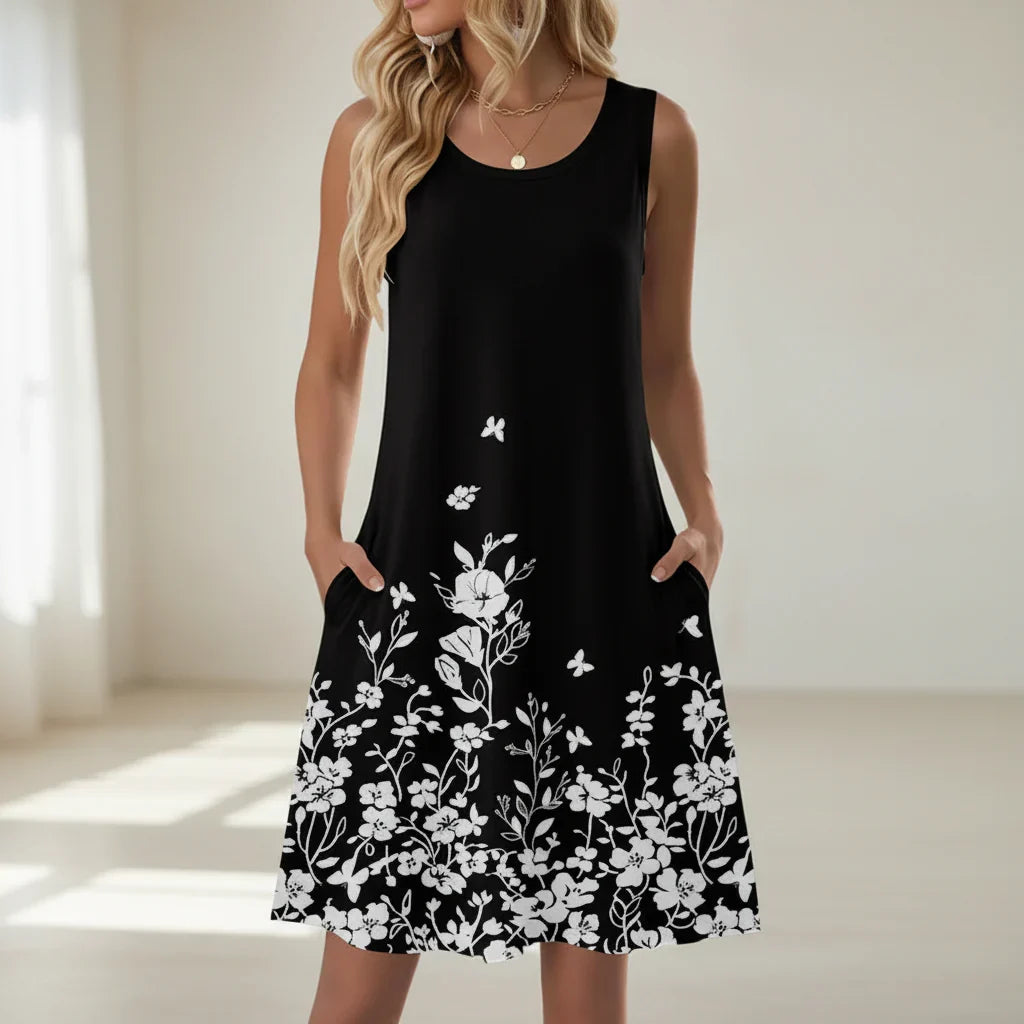 Damen Sommerkleid kurz Blumenmuster mit Taschen ärmelloses Freizeitkleid - Image 16