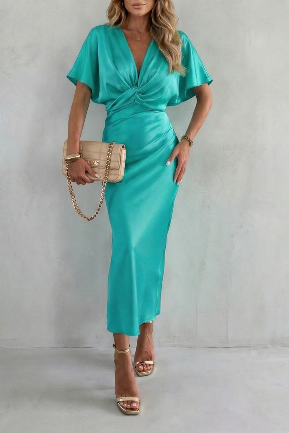 Damen Satin Midikleid Knotendetail elegant - Image 7